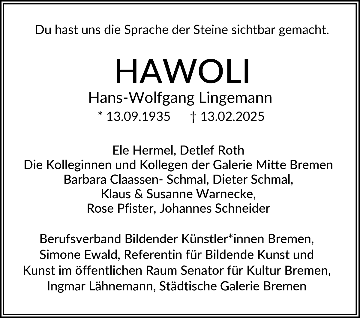 Traueranzeige von Hans-Wolfgang Lingemann von WESER-KURIER