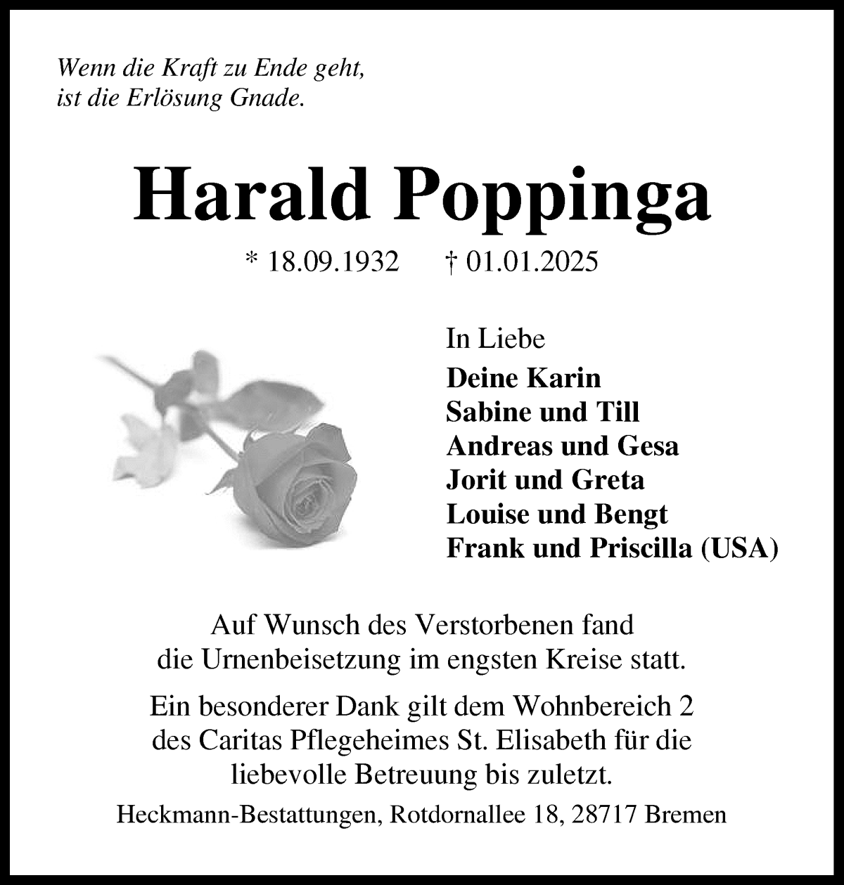 Traueranzeige von Harald Poppinga von WESER-KURIER