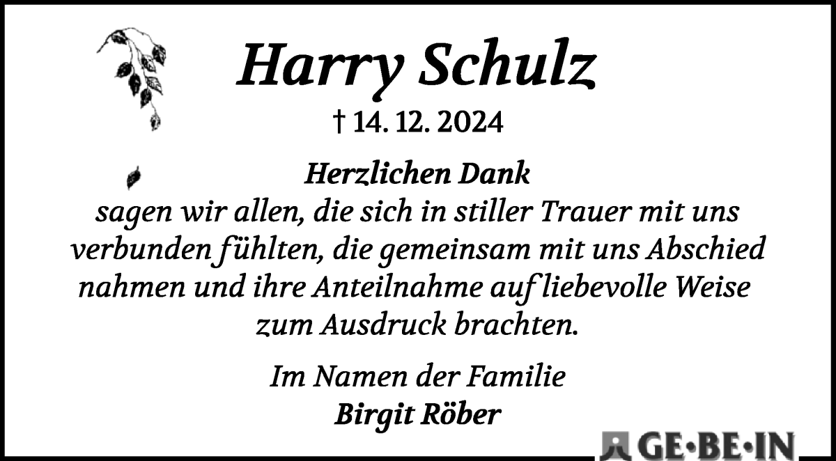 Traueranzeige von Harry Schulz von WESER-KURIER