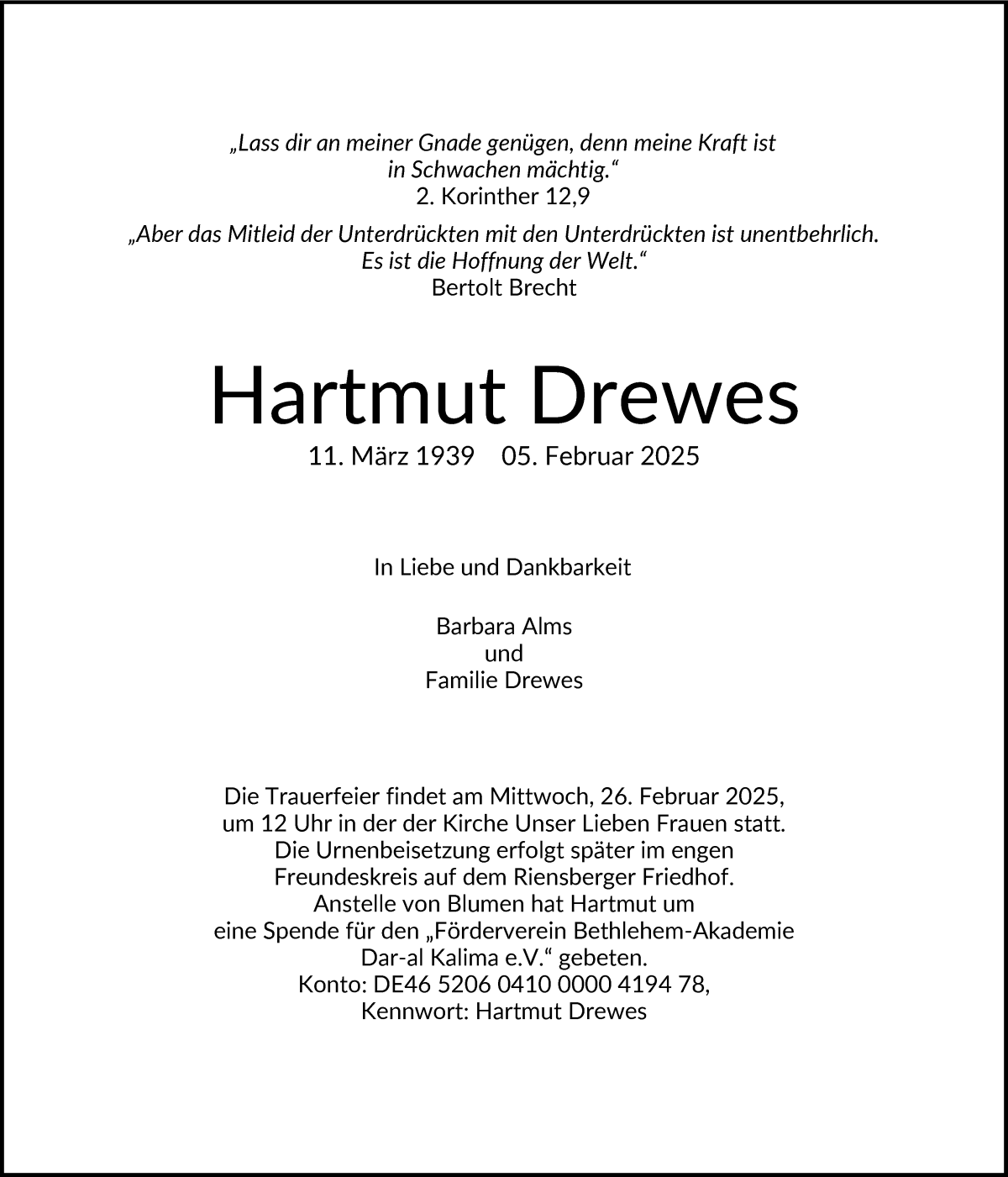 Traueranzeige von Hartmut Drewes von WESER-KURIER