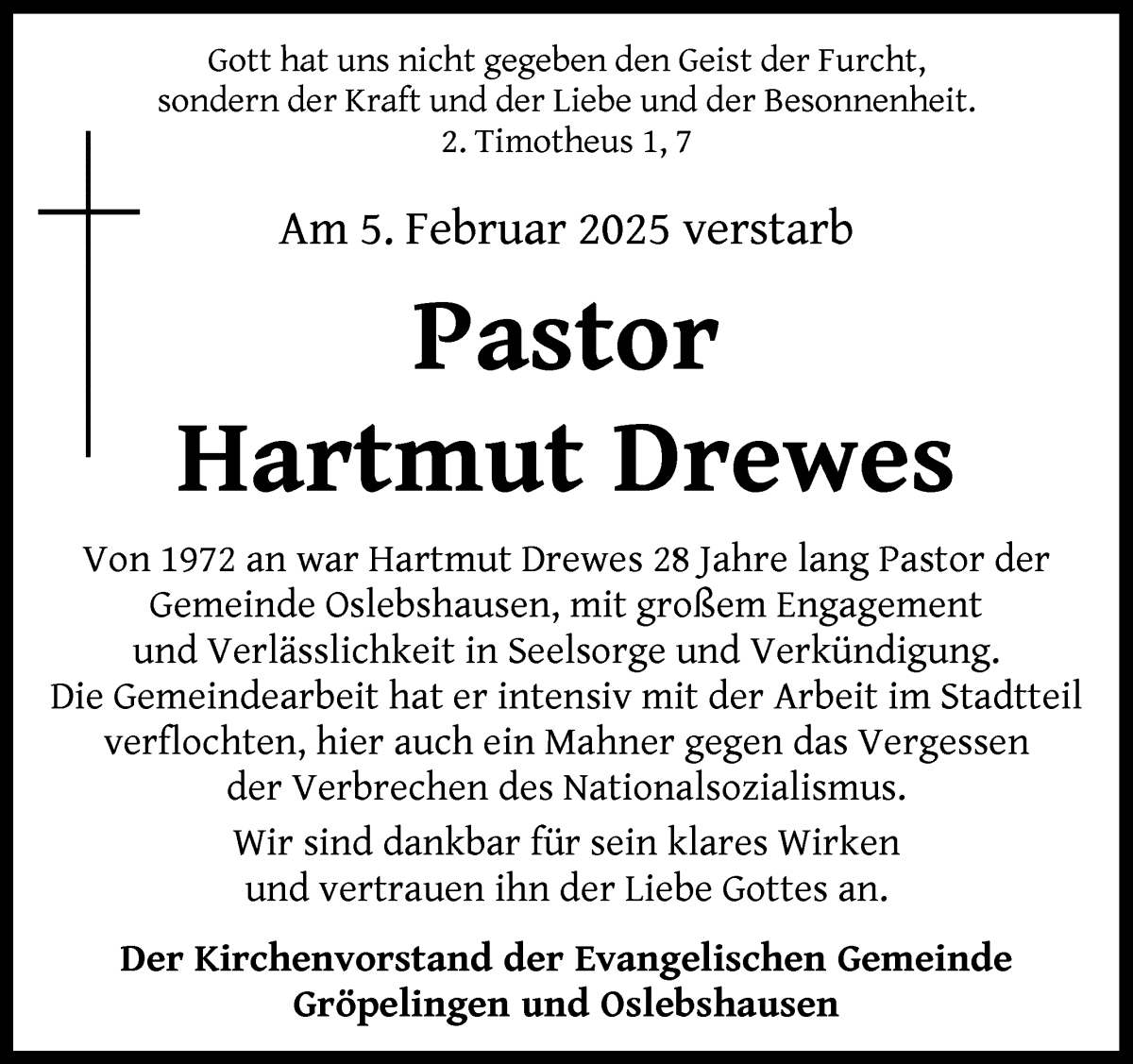 Traueranzeige von Hartmut Drewes von WESER-KURIER