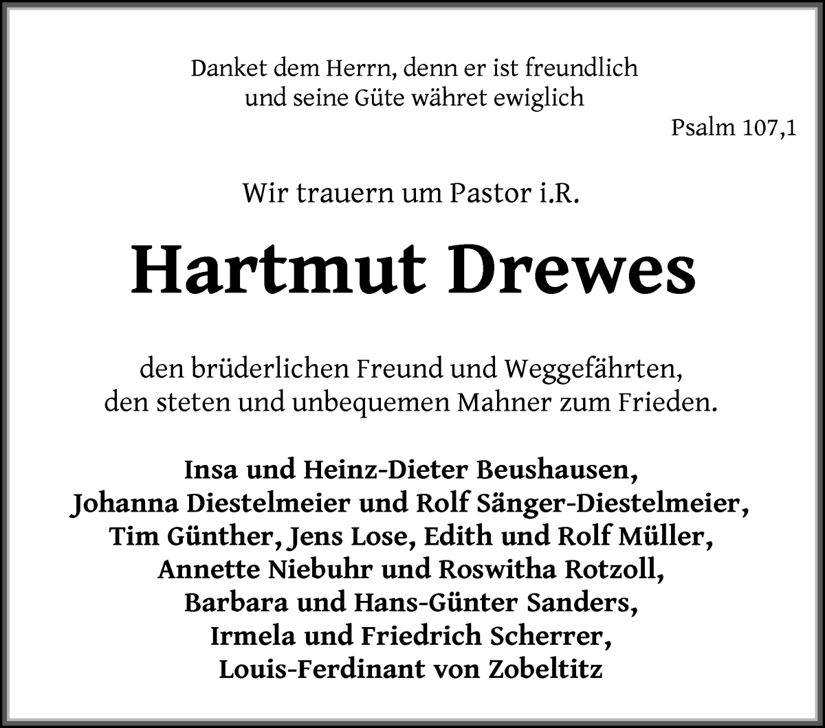 Traueranzeige von Hartmut Drewes von WESER-KURIER