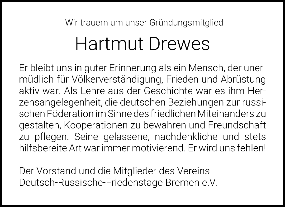 Traueranzeige von Hartmut Drewes von WESER-KURIER