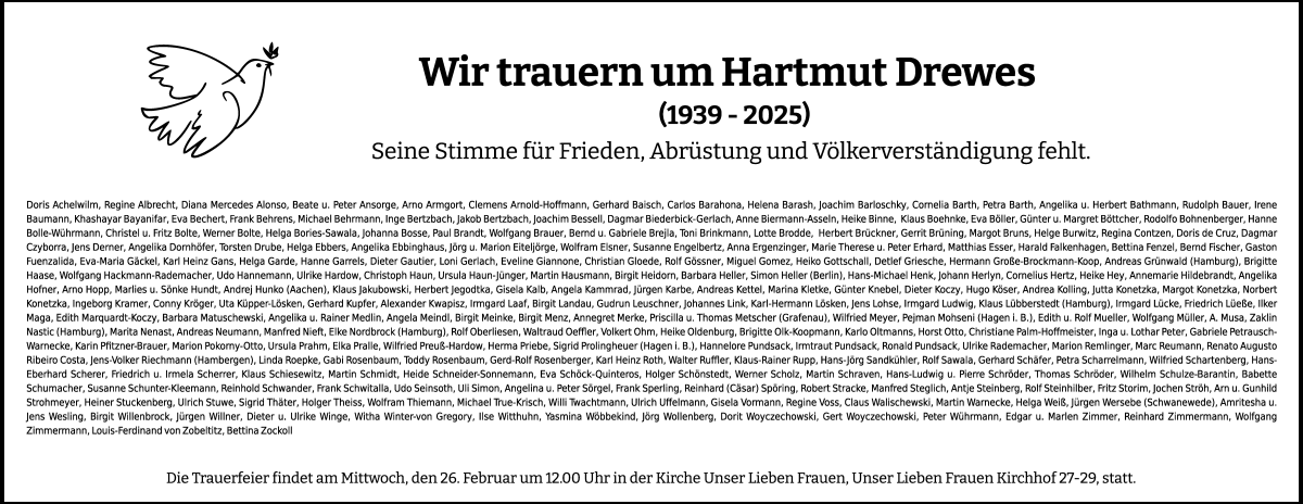 Traueranzeige von Hartmut Drewes von WESER-KURIER