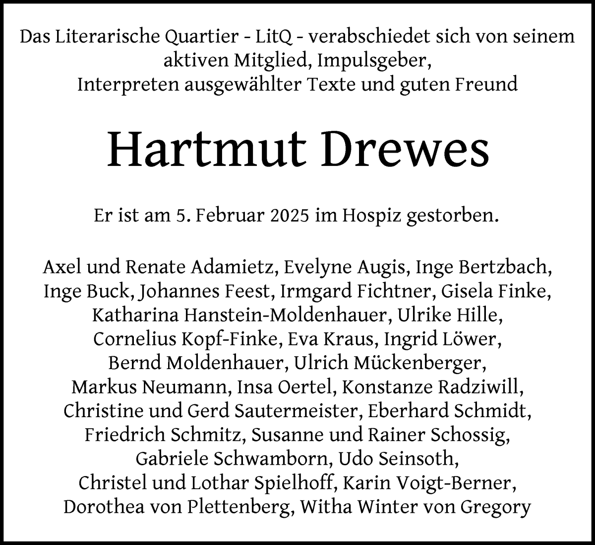 Traueranzeige von Hartmut Drewes von WESER-KURIER