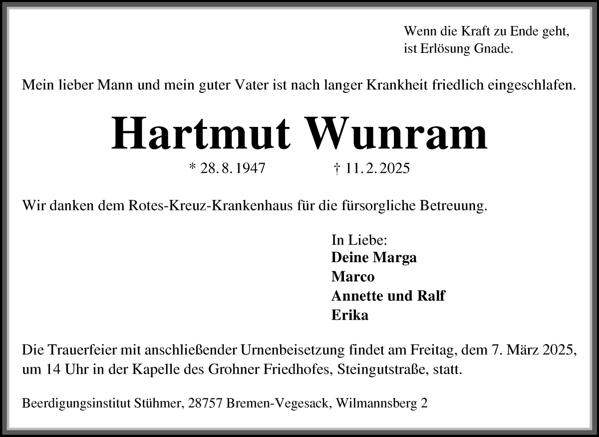 Traueranzeige von Hartmut Wunram von Die Norddeutsche