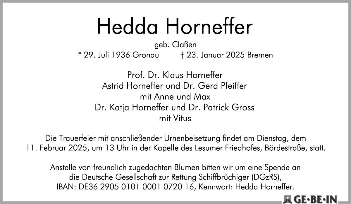 Traueranzeige von Hedda Horneffer von WESER-KURIER