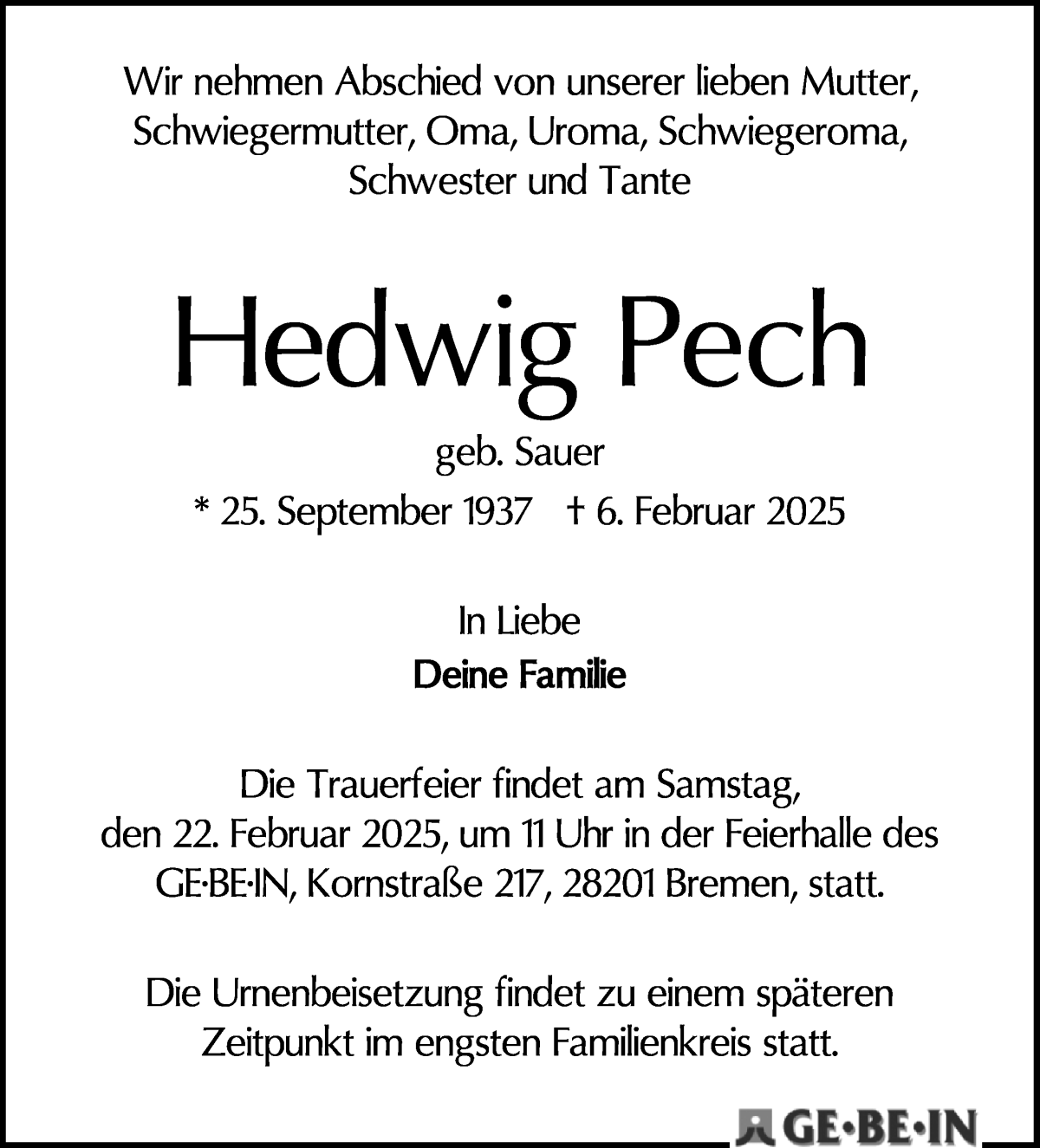 Traueranzeige von Hedwig Pech von WESER-KURIER