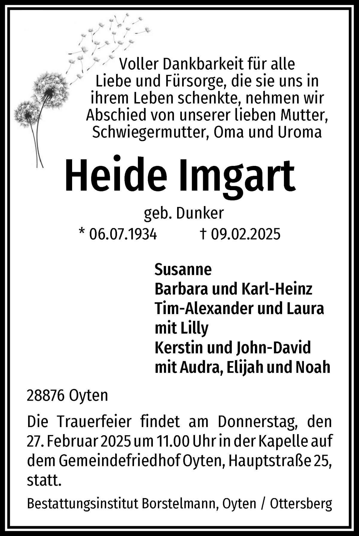 Traueranzeige von Heide Imgart von WESER-KURIER