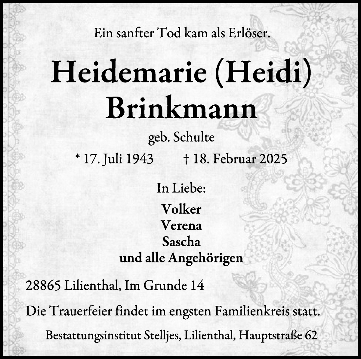 Traueranzeige von Heidemarie Brinkmann von Wuemme Zeitung