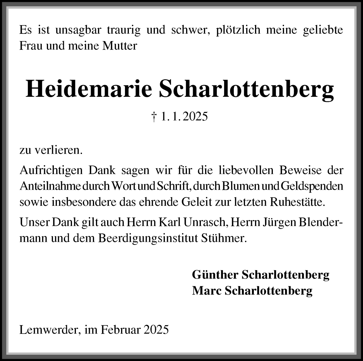 Traueranzeige von Heidemarie Scharlottenberg von Die Norddeutsche