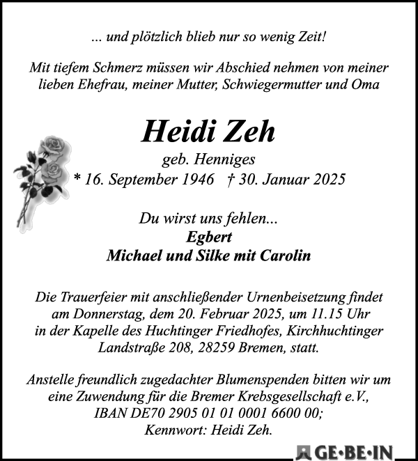 Traueranzeige von Heidi Zeh von WESER-KURIER