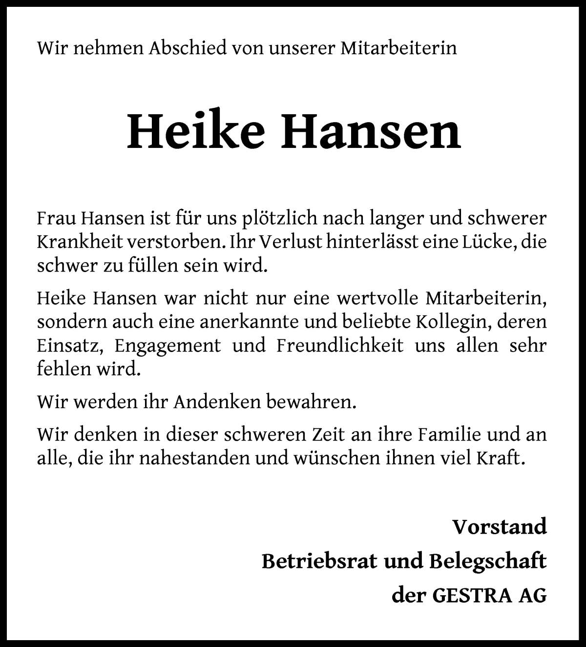 Traueranzeige von Heike Hansen von WESER-KURIER