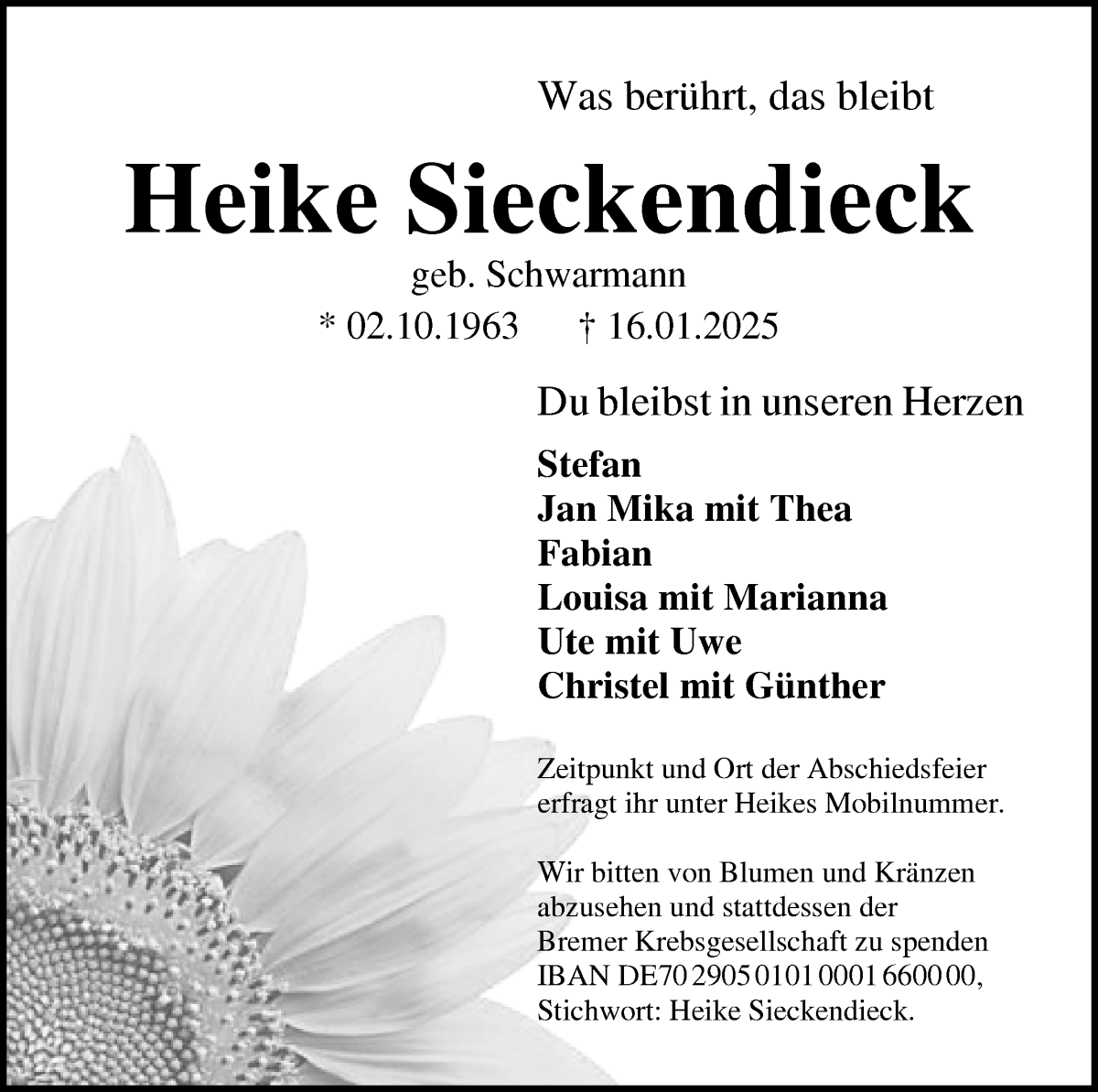 Traueranzeige von Heike Sieckendieck von WESER-KURIER