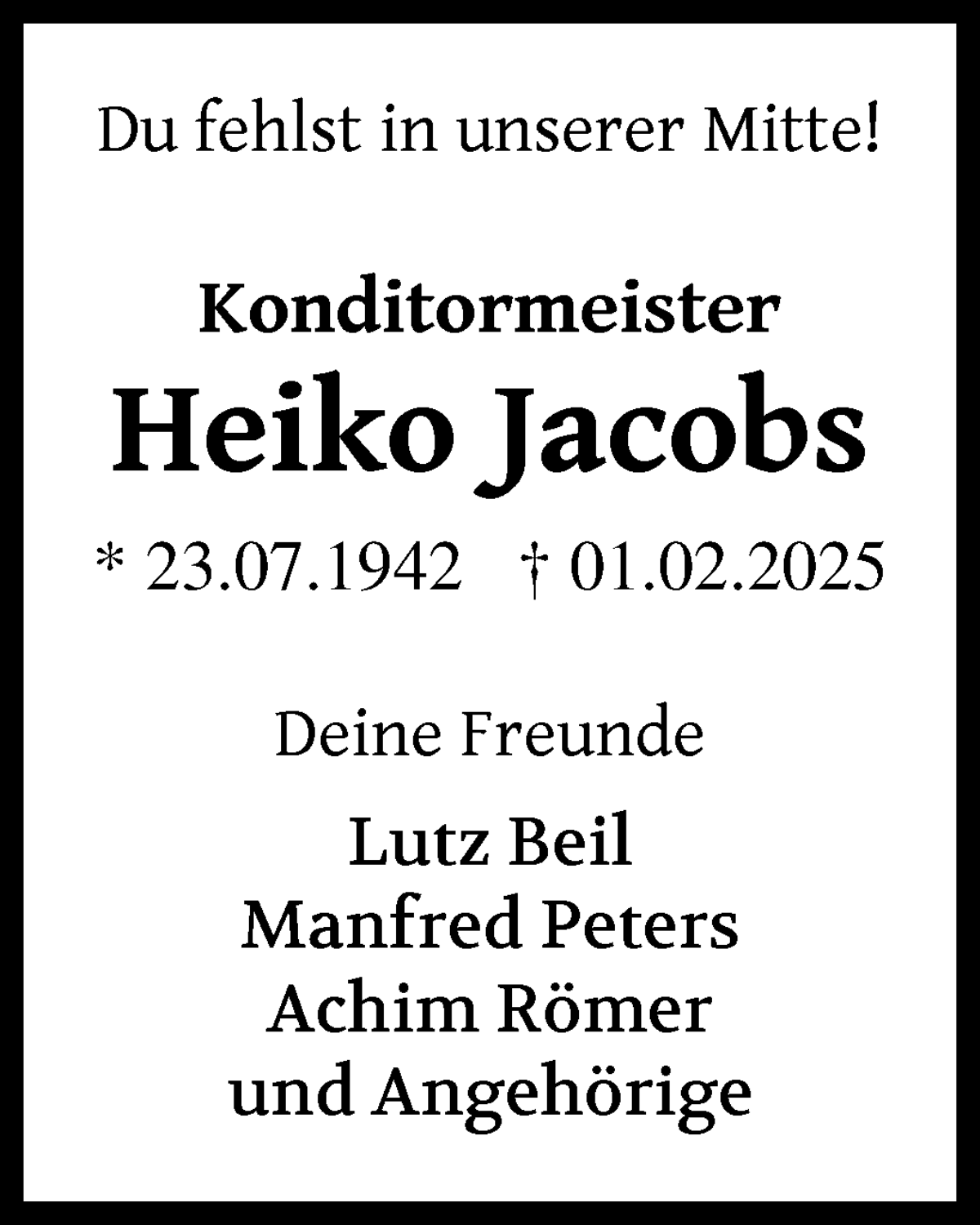 Traueranzeige von Heiko Jacobs von WESER-KURIER