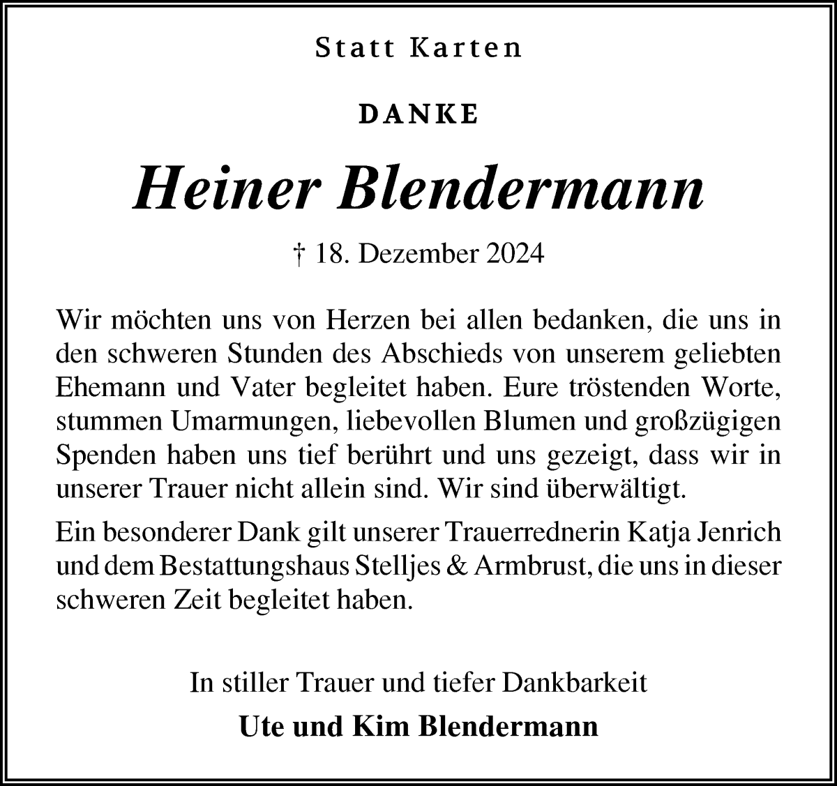 Traueranzeige von Heiner Blendermann von Osterholzer Kreisblatt