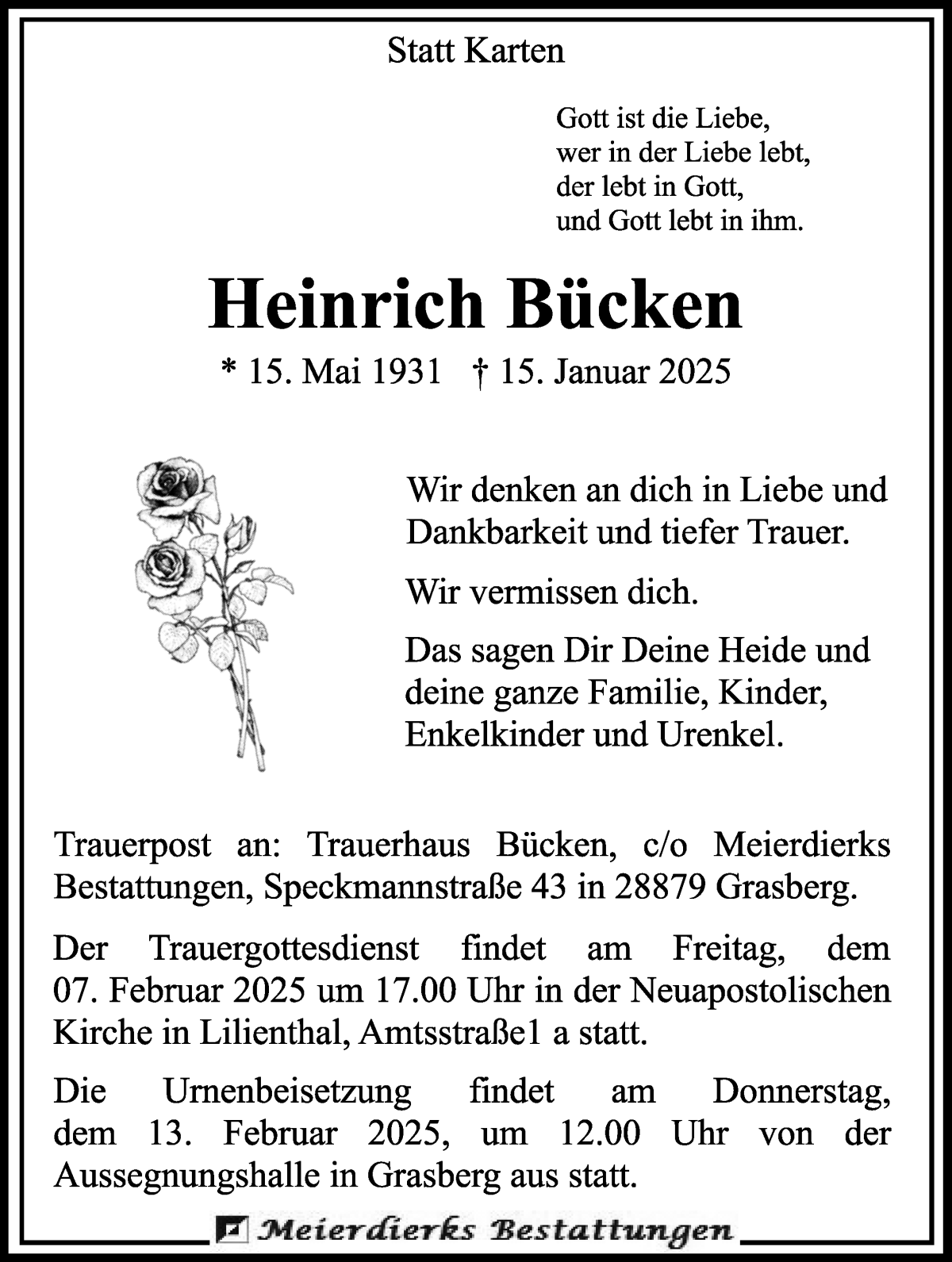 Traueranzeige von Heinrich Bücken von Wuemme Zeitung