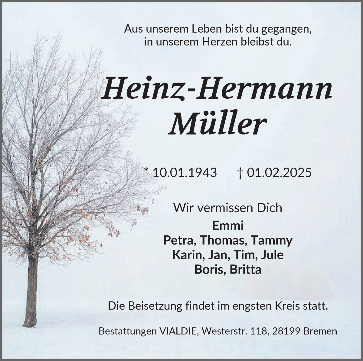 Traueranzeige von Heinz-Hermann Müller von WESER-KURIER