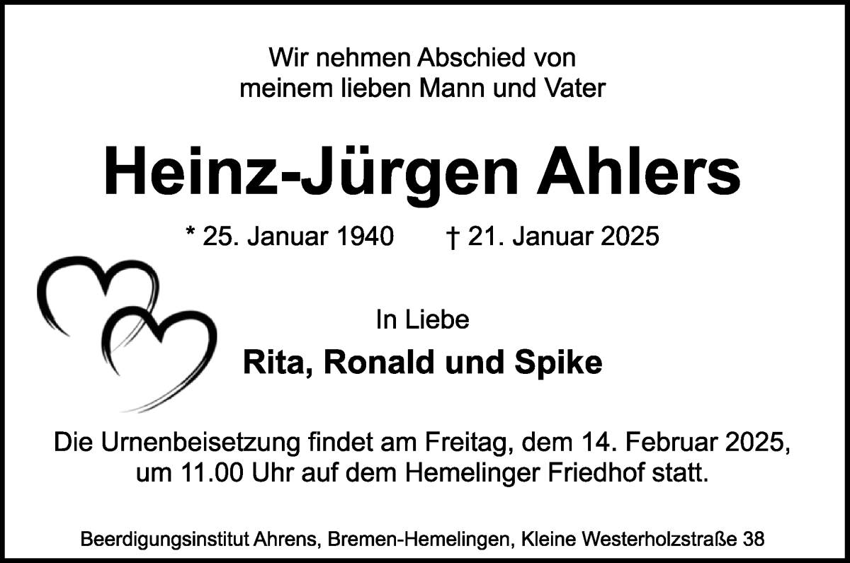 Traueranzeige von Heinz-Jürgen  Ahlers von WESER-KURIER