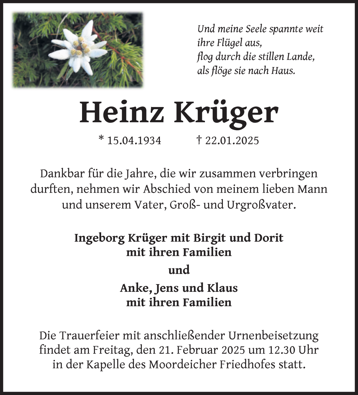 Traueranzeige von Heinz Krüger von WESER-KURIER