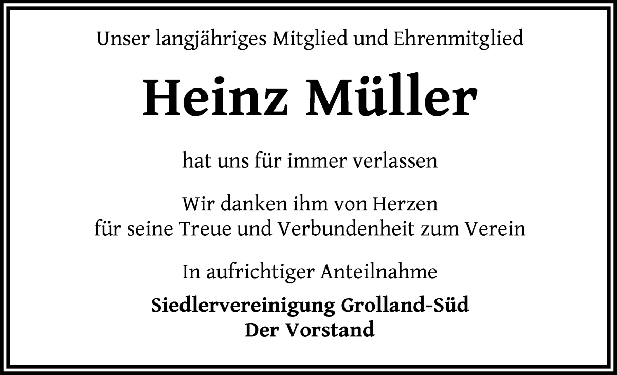 Traueranzeige von Heinz Müller von WESER-KURIER