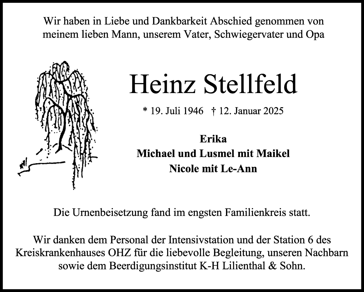 Traueranzeige von Heinz Stellfeld von Osterholzer Kreisblatt