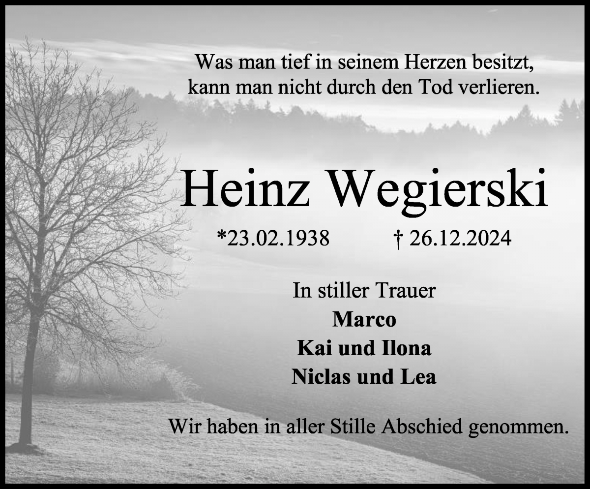 Traueranzeige von Heinz Wegierski von Regionale Rundschau/Syker Kurier