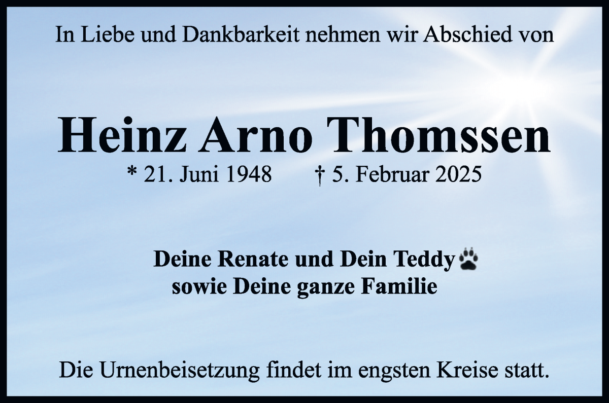 Traueranzeige von Heinz Arno Thomssen von WESER-KURIER