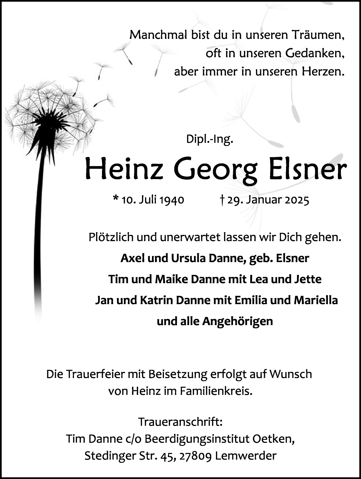 Traueranzeige von Heinz Georg Elsner von WESER-KURIER