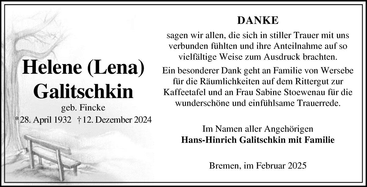 Traueranzeige von Helene (Lena) Galitschkin von Die Norddeutsche