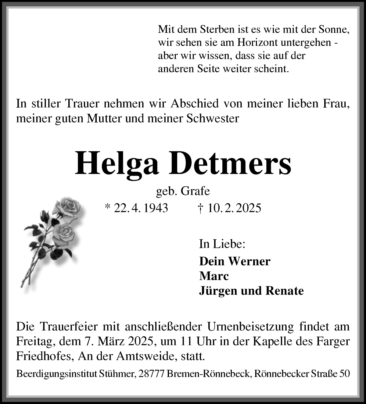 Traueranzeige von Helga Detmers von Die Norddeutsche