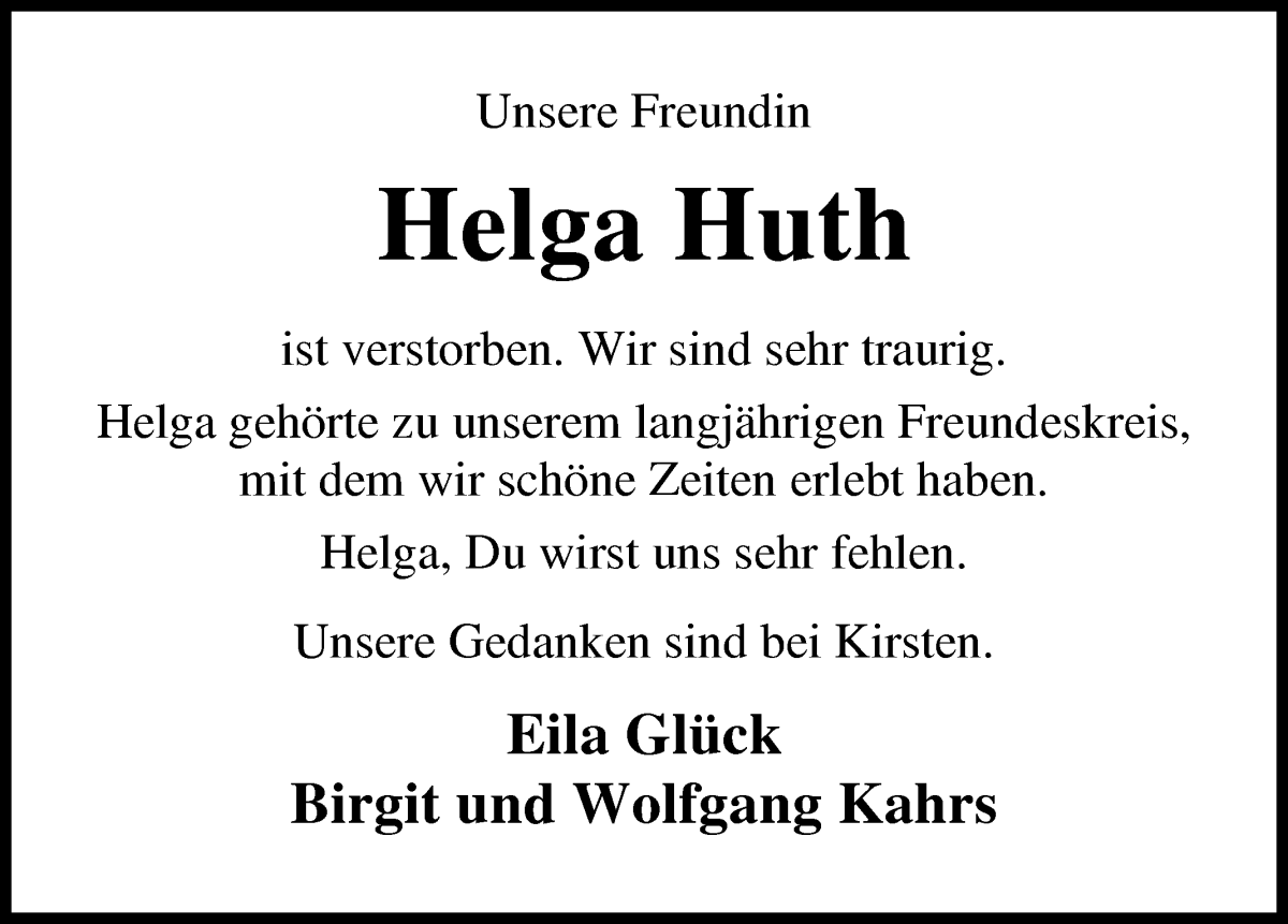 Traueranzeige von Helga Huth von Die Norddeutsche
