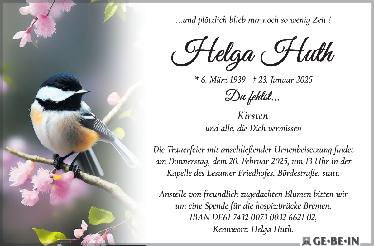 Traueranzeige von Helga Huth von WESER-KURIER