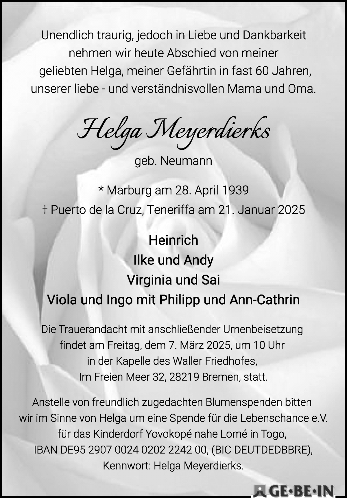 Traueranzeige von Helga Meyerdierks von WESER-KURIER