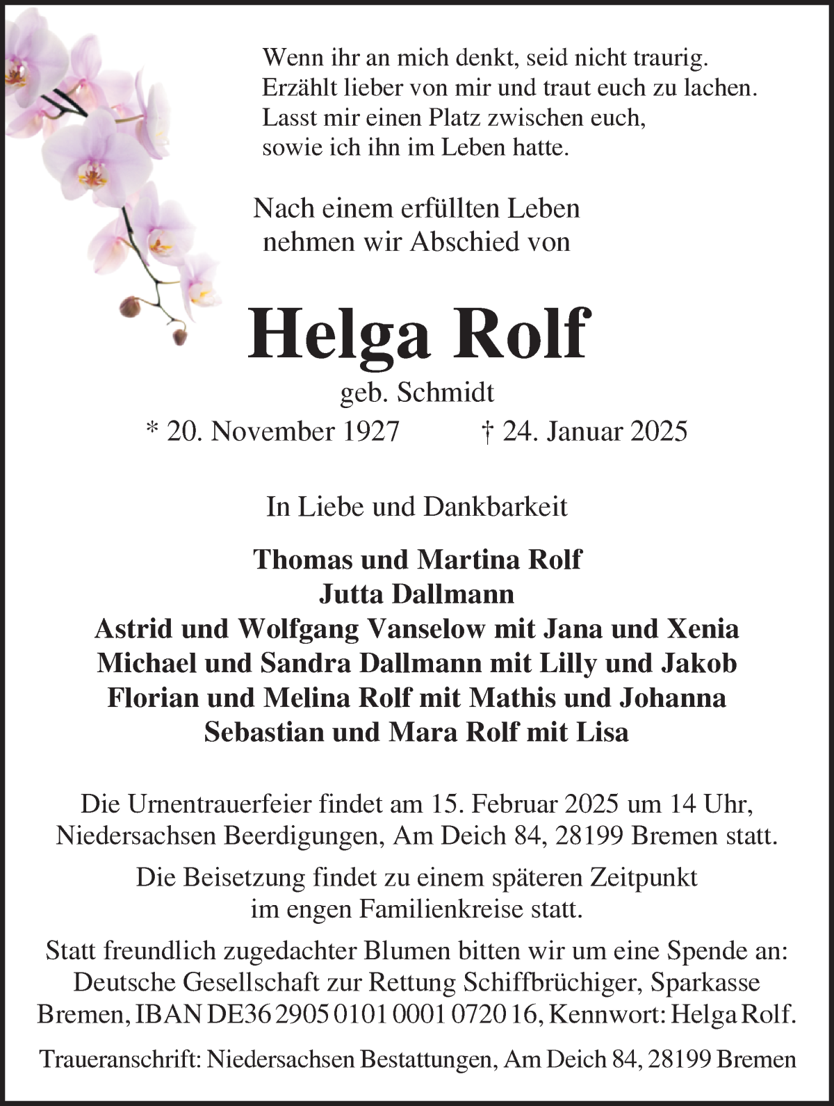 Traueranzeige von Helga Rolf von WESER-KURIER