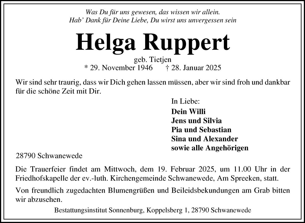 Traueranzeige von Helga Ruppert von Die Norddeutsche