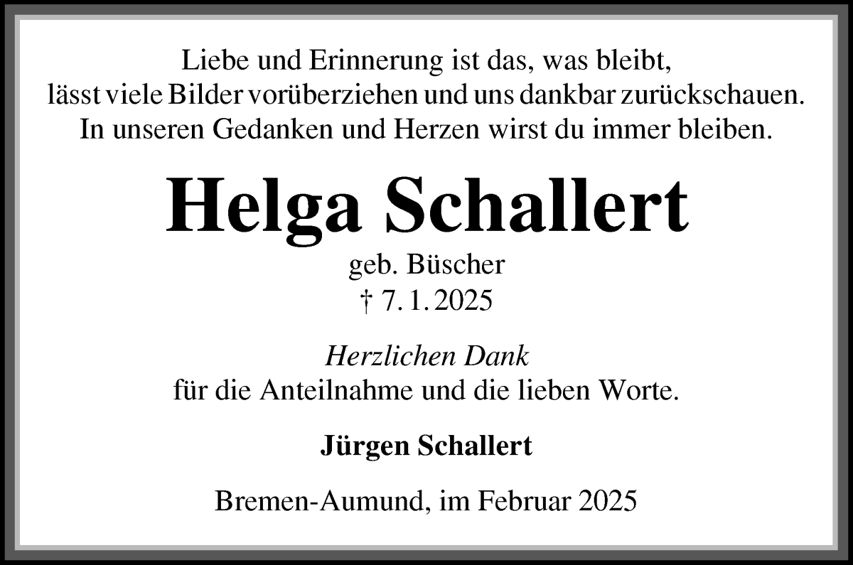 Traueranzeige von Helga Schallert von Die Norddeutsche