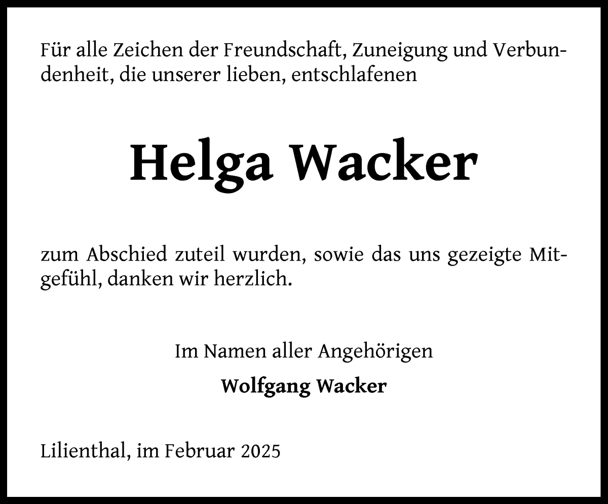 Traueranzeige von Helga Wacker von Wuemme Zeitung