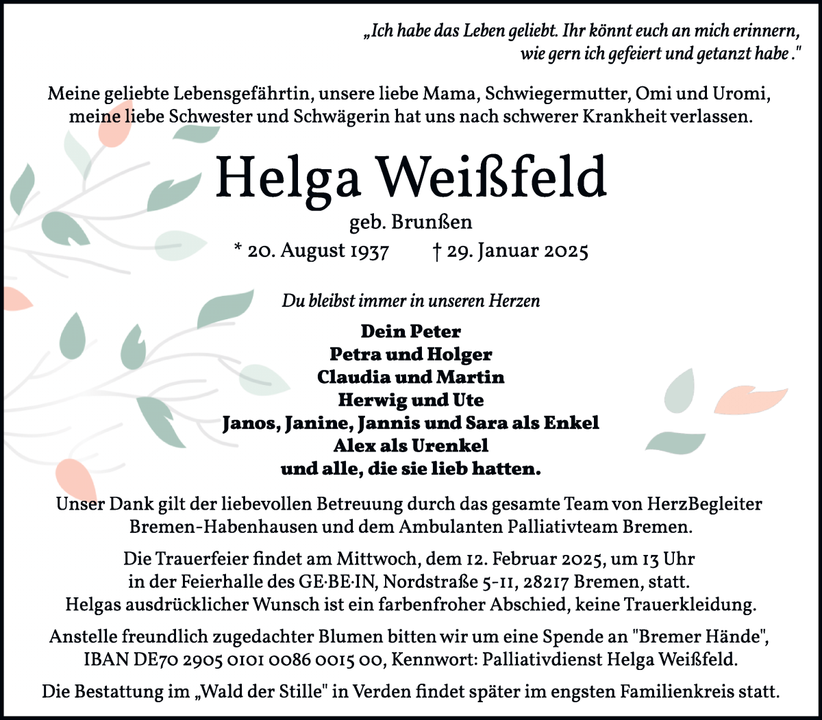 Traueranzeige von Helga Weißfeld von WESER-KURIER