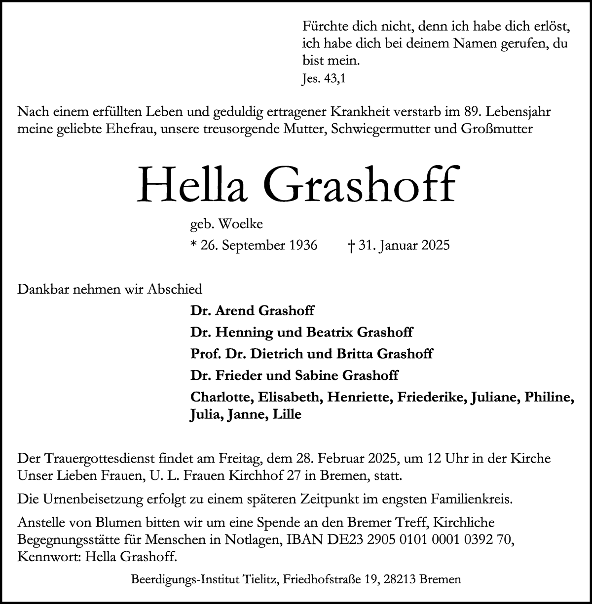 Traueranzeige von Hella Grashoff von WESER-KURIER