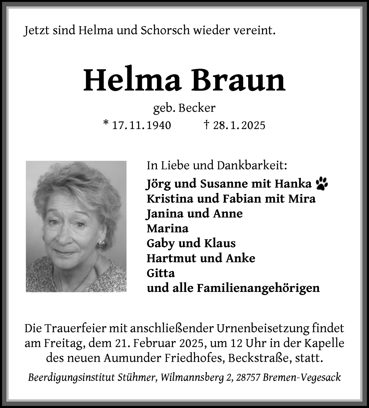 Traueranzeige von Helma Braun von Die Norddeutsche
