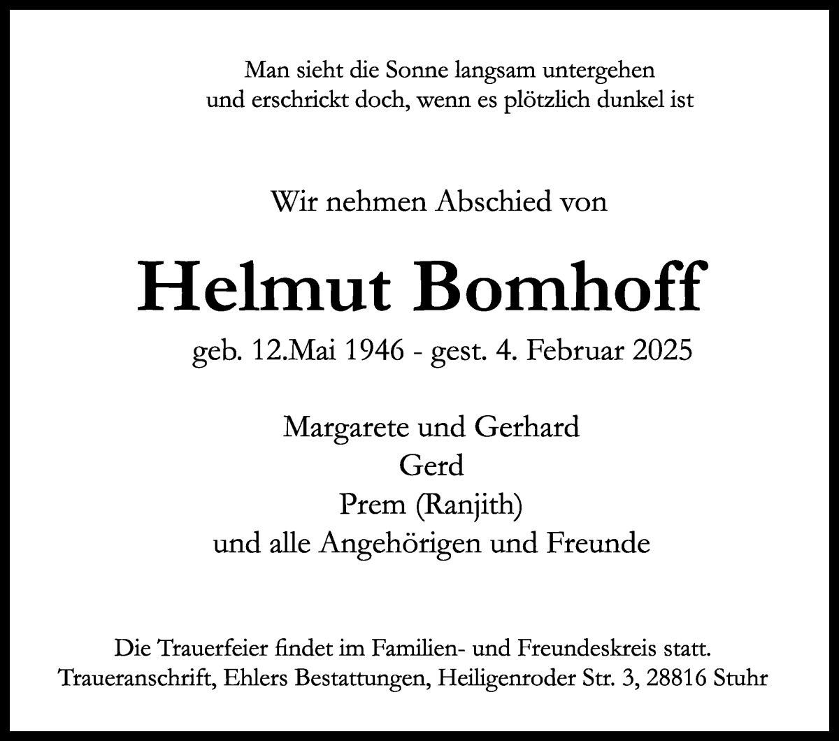 Traueranzeige von Helmut Bomhoff von WESER-KURIER