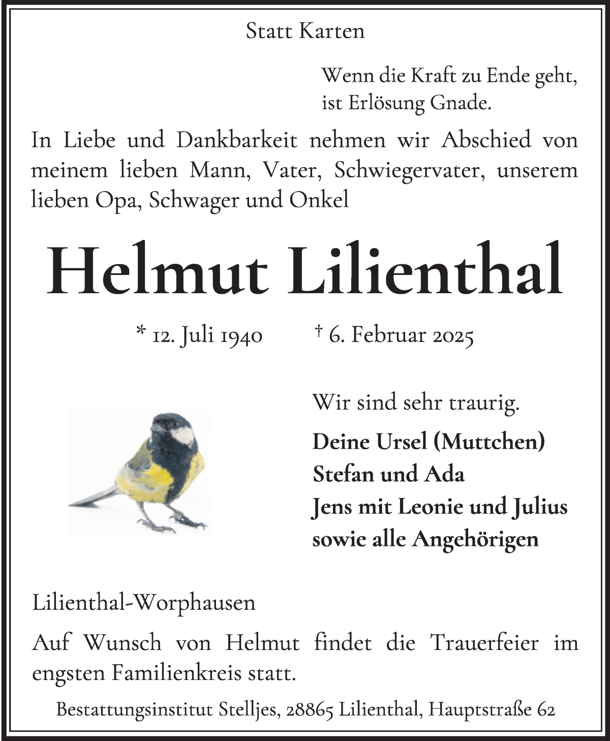 Traueranzeige von Helmut Lilienthal von Wuemme Zeitung