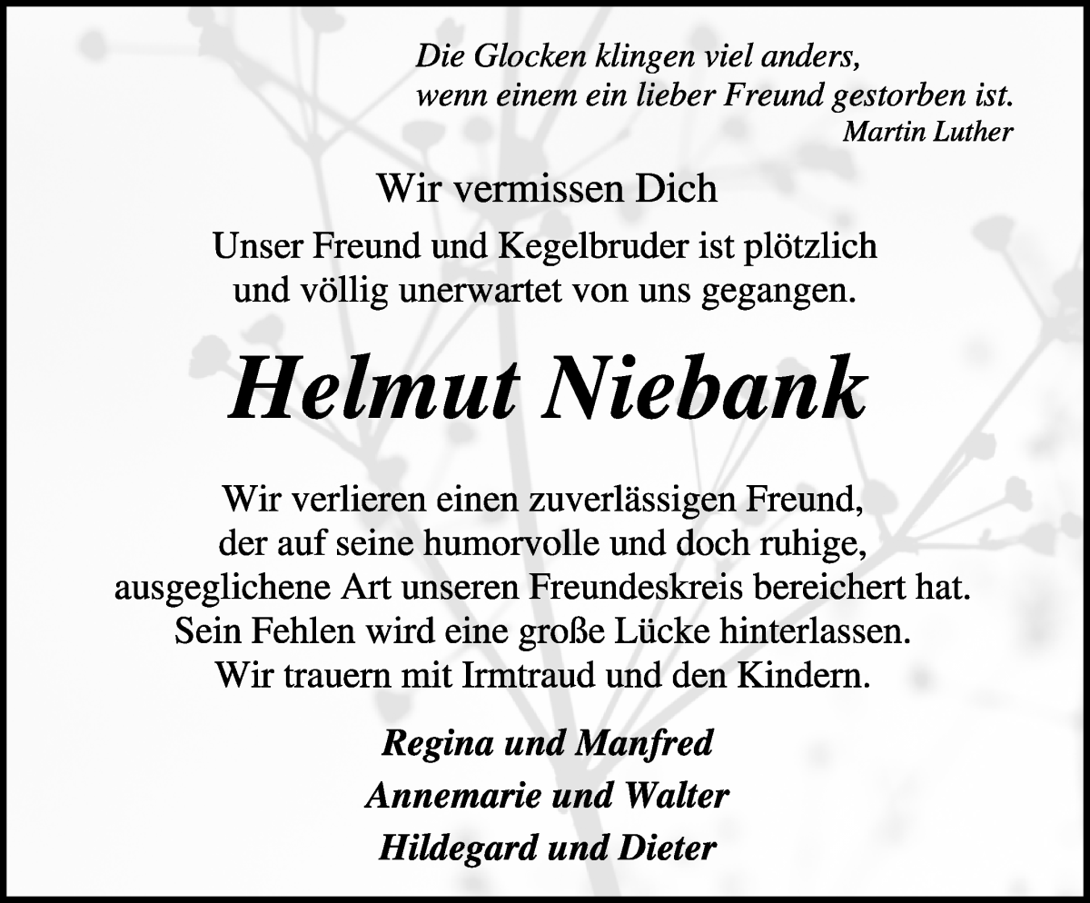 Traueranzeige von Helmut Niebank von Osterholzer Kreisblatt