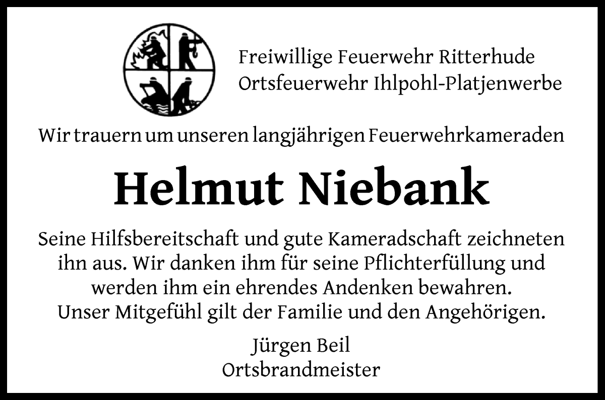 Traueranzeige von Helmut Niebank von Osterholzer Kreisblatt