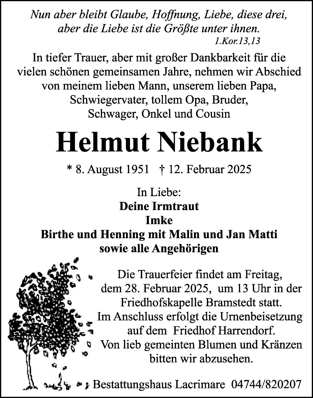Traueranzeige von Helmut Niebank von Osterholzer Kreisblatt