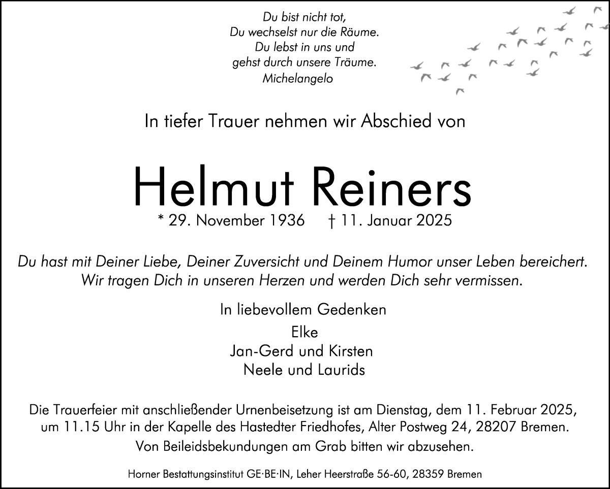 Traueranzeige von Helmut Reiners von Wuemme Zeitung