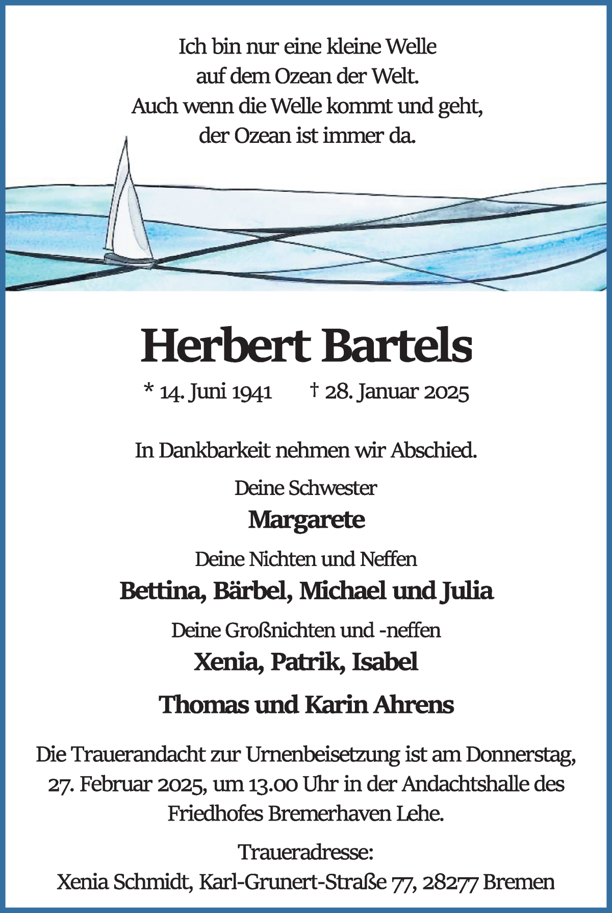 Traueranzeige von Herbert Bartels von Osterholzer Kreisblatt