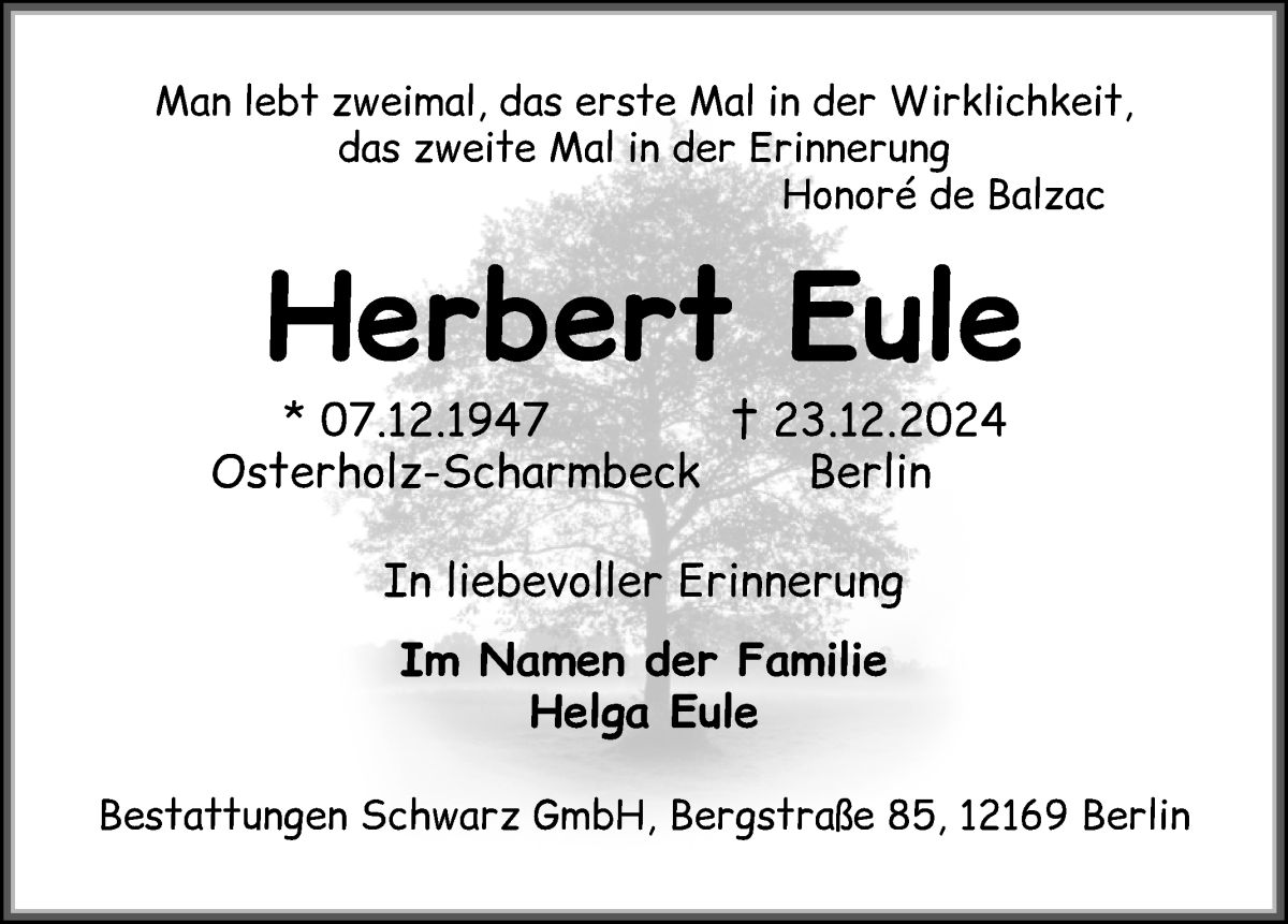 Traueranzeige von Herbert Eule von Osterholzer Kreisblatt