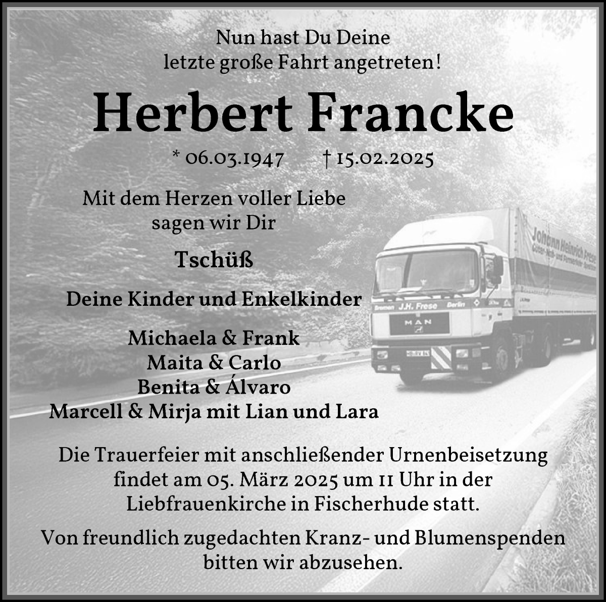 Traueranzeige von Herbert Francke von WESER-KURIER